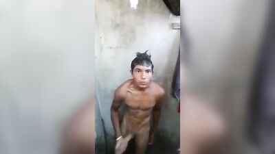 Latino Big Cock Cums on His Feet While Taking a Hand Job