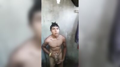 Latino Big Cock Cums on His Feet While Taking a Hand Job