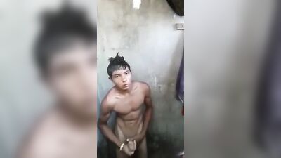 Latino Big Cock Cums on His Feet While Taking a Hand Job