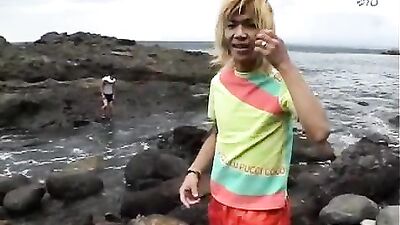 Young Japanese Bouzu in Suit Takes Off His Clothes and Masturbates Outside