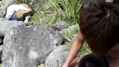 Young Japanese Bouzu in Suit Takes Off His Clothes and Masturbates Outside