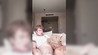 Tattooed Jock Splashes Cum on Trans Boys Tight Hole