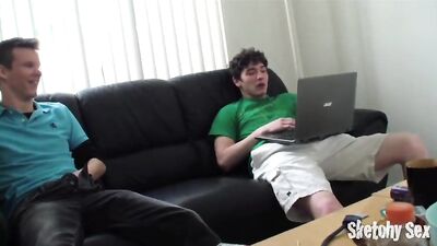 Gay college twinks engage in bareback group sex, cum shots and ass play