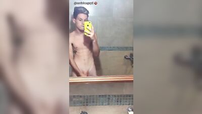 Latino with tattoo mirror wank