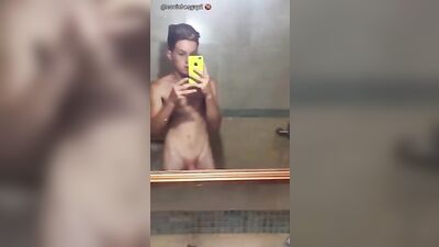 Latino with tattoo mirror wank