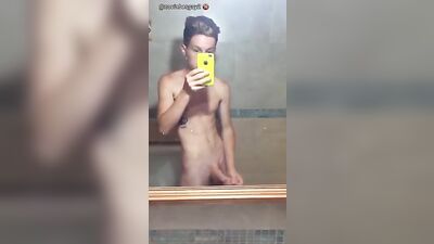 Latino with tattoo mirror wank