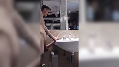 Muscle-bound hunks piss on big, hard cocks in this fetish solo video