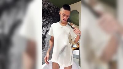 Young Twink in the Shower, Pleasing Himself with His Huge Cock