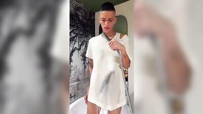 Young Twink in the Shower, Pleasing Himself with His Huge Cock