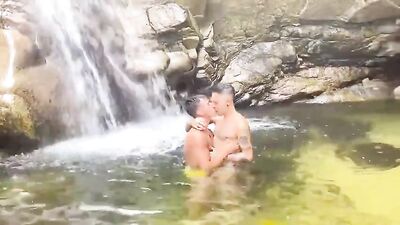 Cum-Shot Frenzy: Muscular Men in Flip-Flops Splashing in a Rocky Pool