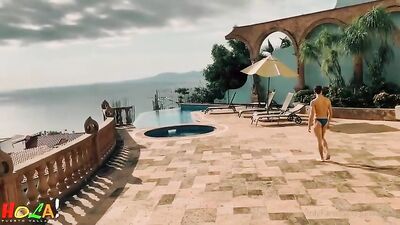 Barebacking with dad in the poolside, young twink gets his first cock