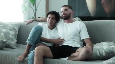 Cock-hungry stepdad gets down with his stepson in a wild bareback fuckfest, with hot cum shots and handjob action