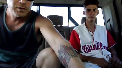 Straight muscular Latino boy jacks off in his car on a hot summer day