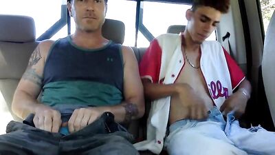 Straight muscular Latino boy jacks off in his car on a hot summer day