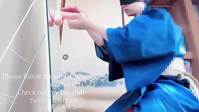 Japanese Teenager Practicing Blowjobs on Himself with a Dildo while Masturbating in Kimono