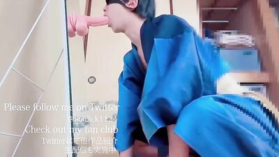 Japanese Teenager Practicing Blowjobs on Himself with a Dildo while Masturbating in Kimono