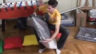 Hot and steamy bareback sex scene between twink guys in a frat house