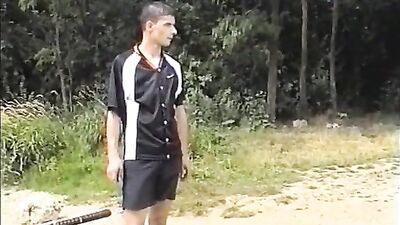 Twink Bareback Handjobs in a Public Threesome Group Sex Show