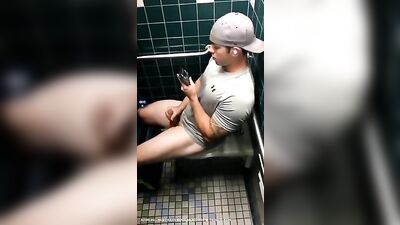 Hand Job and Cum Shot in the Mens Room - A Spy Watches!