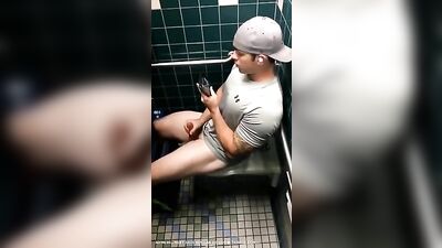 Hand Job and Cum Shot in the Mens Room - A Spy Watches!