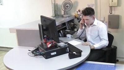 Safe Sex Kissing Twink Boys in the Office Engage in Rough Sex, Ending with a Big Finish