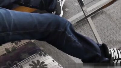 Sexy foot fetishist strokes his massive cock while pleasuring himself in a private moment with no one else around