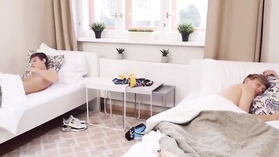 Hot bareback twink threesome showcasing hand jobs and blowjobs!