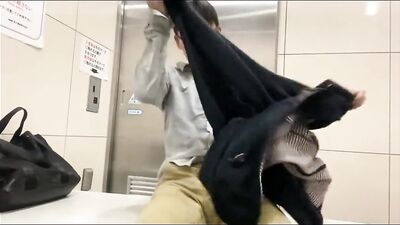 Japanese Nekama Boy Cums on Glasses in Public Webcam