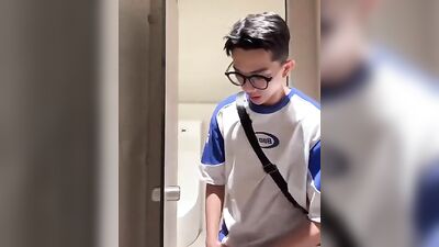 Public Restroom Exhibitionist Hand Job: Asian Cum Shots on Webcam