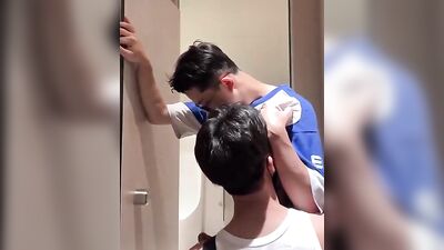 Public Restroom Exhibitionist Hand Job: Asian Cum Shots on Webcam