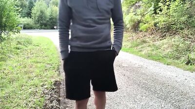 Biker Boy Blows Cum Rocket Near Busy Street