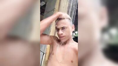 Exhibitionist Latino Muscular Guy Pleasuring Himself in a Garden Shower