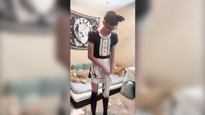 This cute femboy maid is jerking off instead of cleaning