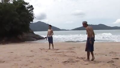 Twin Twink Threesome Bareback Group Cum on the Beach with Frat Guys