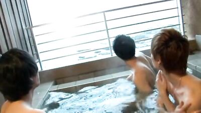 Three P in a Hot Spring: Asian Bareback Ass Play