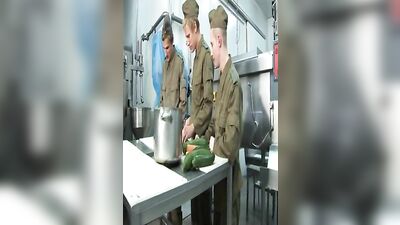 Military Kitchen Cuties Go HOT with Bareback Cocksucking and Cumshots!