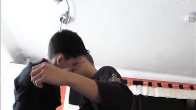 Young studs show off their tight bodies while sucking and fucking in the kitchen