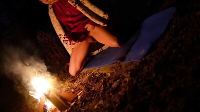 Horny twink piss and cum by the campfire