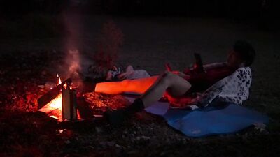 Horny twink piss and cum by the campfire