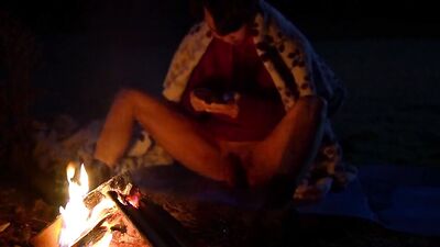Horny twink piss and cum by the campfire