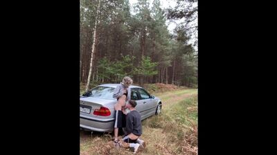 Twink gives a blowjob step bro 24cm big cock outdoor by car