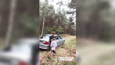Twink gives a blowjob step bro 24cm big cock outdoor by car