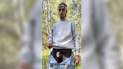 Horny boy pee and wanking outdoor in the woods