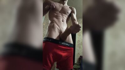 Athletic straight guy jerks off his dick on camera