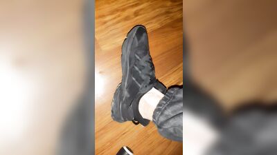 Hairy twink in gray sweatpants and adidas sneakers jerks off and massively cums on the floor