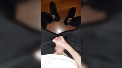 Hairy twink in gray sweatpants and adidas sneakers jerks off and massively cums on the floor