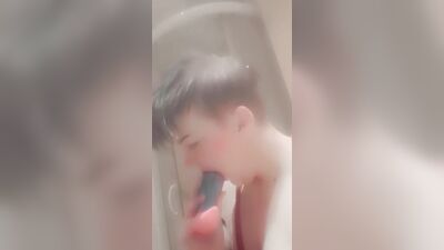 Trans femboy twink sucks fantasy dildo