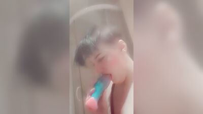 Trans femboy twink sucks fantasy dildo