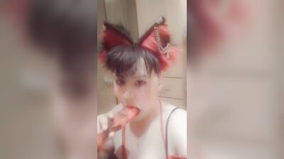 Twink catboy sucks toy and imagines it pounding his face