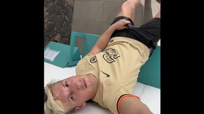 muscled boy Super risky jerk and cum at busstop while waiting for the bus